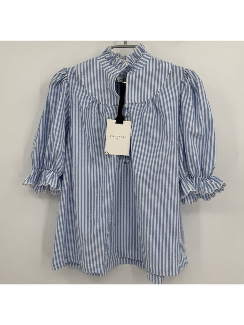 Pomander Place by Tuckernuck Blue Stripe Selena Blouse sz XS Puff Sleeve Ruffle